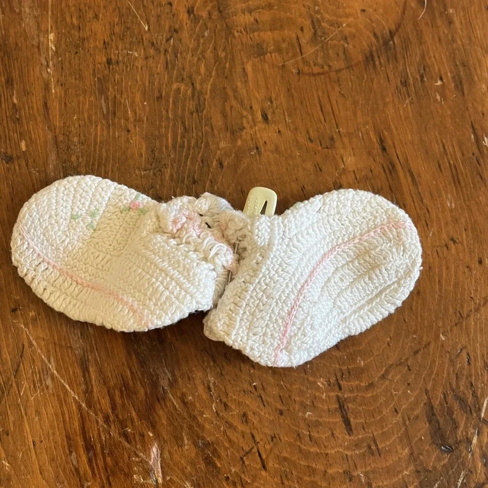 Vintage Pair Hand Crocheted Baby Shoes Booties Pink Floral Accents Ruffles